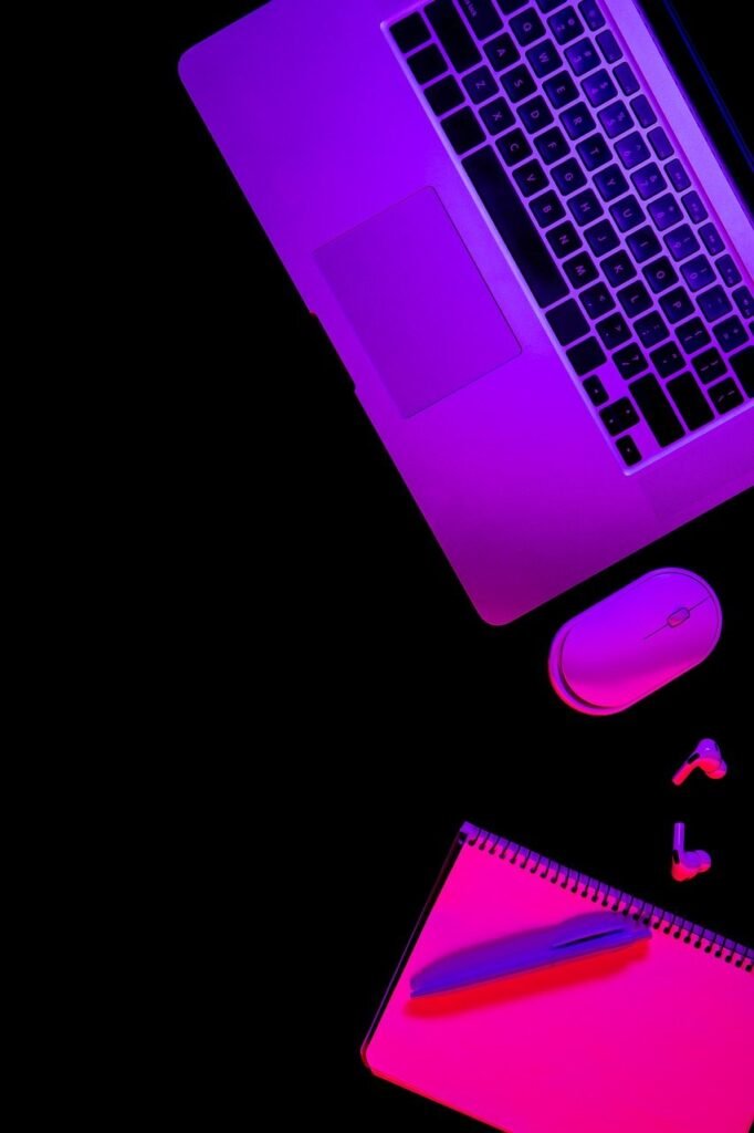 work, space, flat lay, space wallpaper, background, computer, laptop, light, headphones, modern, technology, digital, wireless, keyboard, device, audio, gadget, beautiful wallpaper, blue, sound, earbud, media, accessory, table, mouse